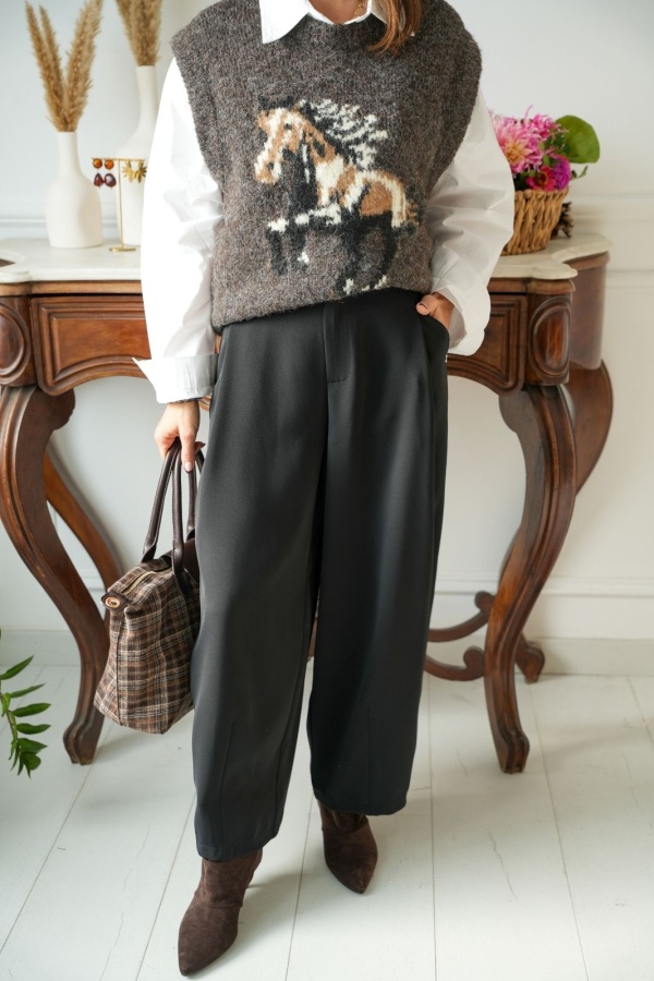 Pantalon Évasé Noir À Pinces PLEASE - 1 | Welcome 2